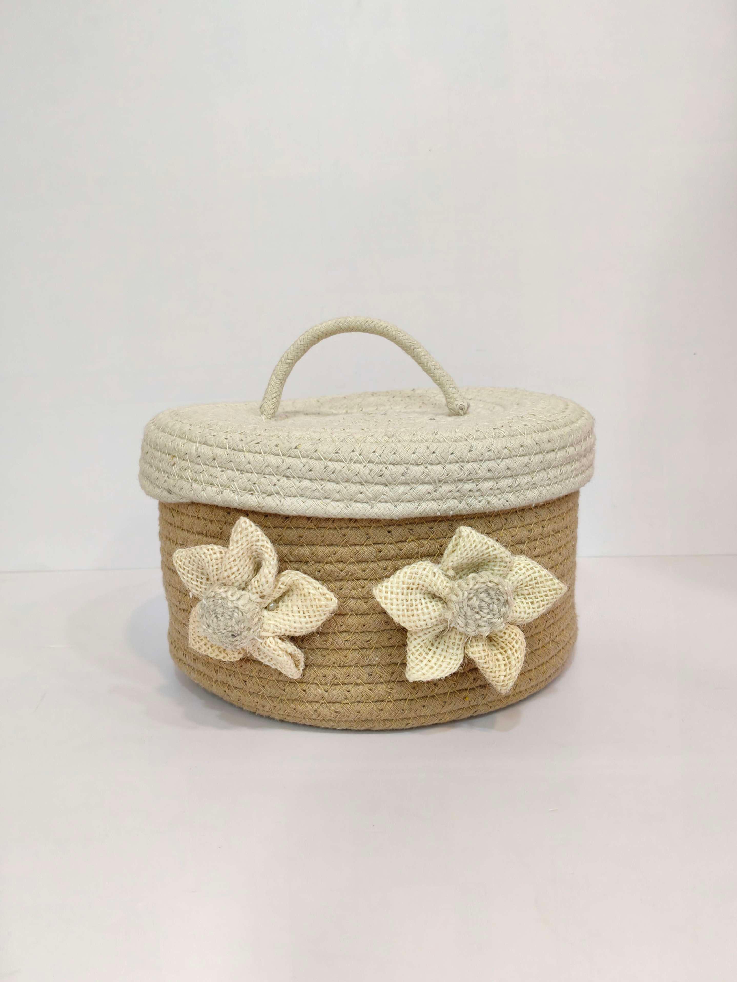 Utility Basket with Jute Flower & Lid - Image 1